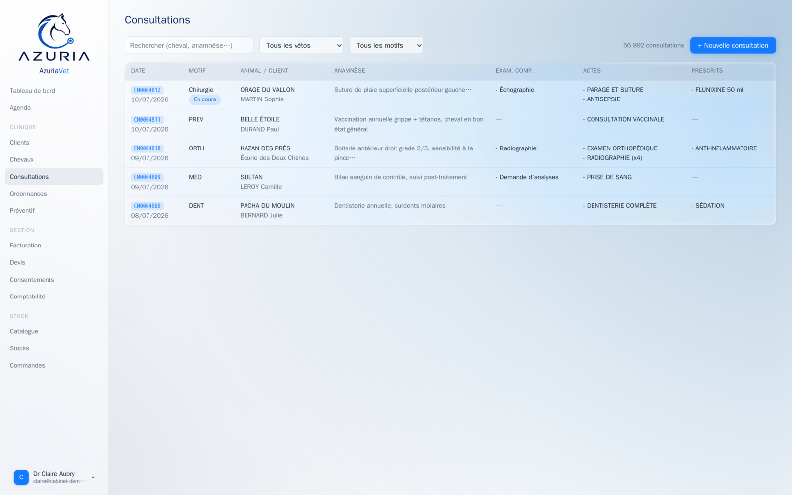AzuriaVet Cloud — la web app dans le navigateur