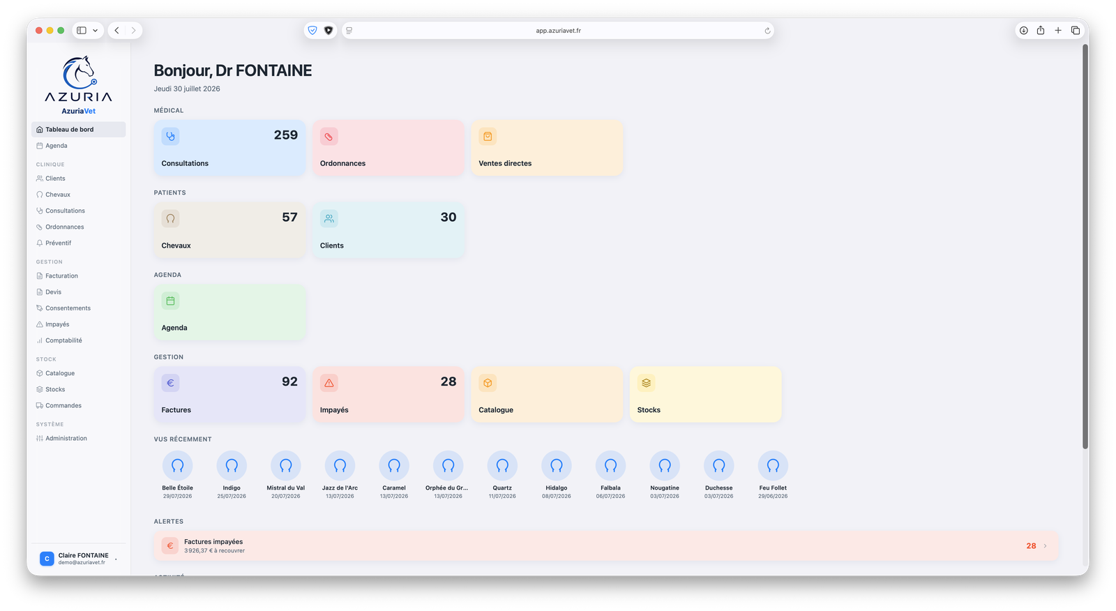 AzuriaVet Cloud — tableau de bord dans le navigateur, sur app.azuriavet.fr